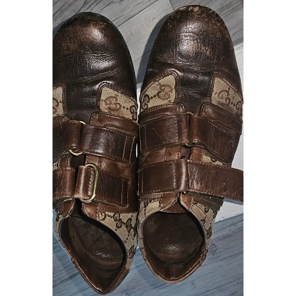 Gucci s GG Monogram Canvas Leather Double Strap Sneakers Brown Men 38.5 094130